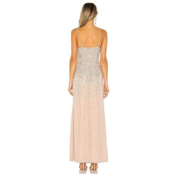 NWT X BY NBD Silver & Nude Charlotte Full Length Maxi VNeck Gown, XS - Picture 4 of 10